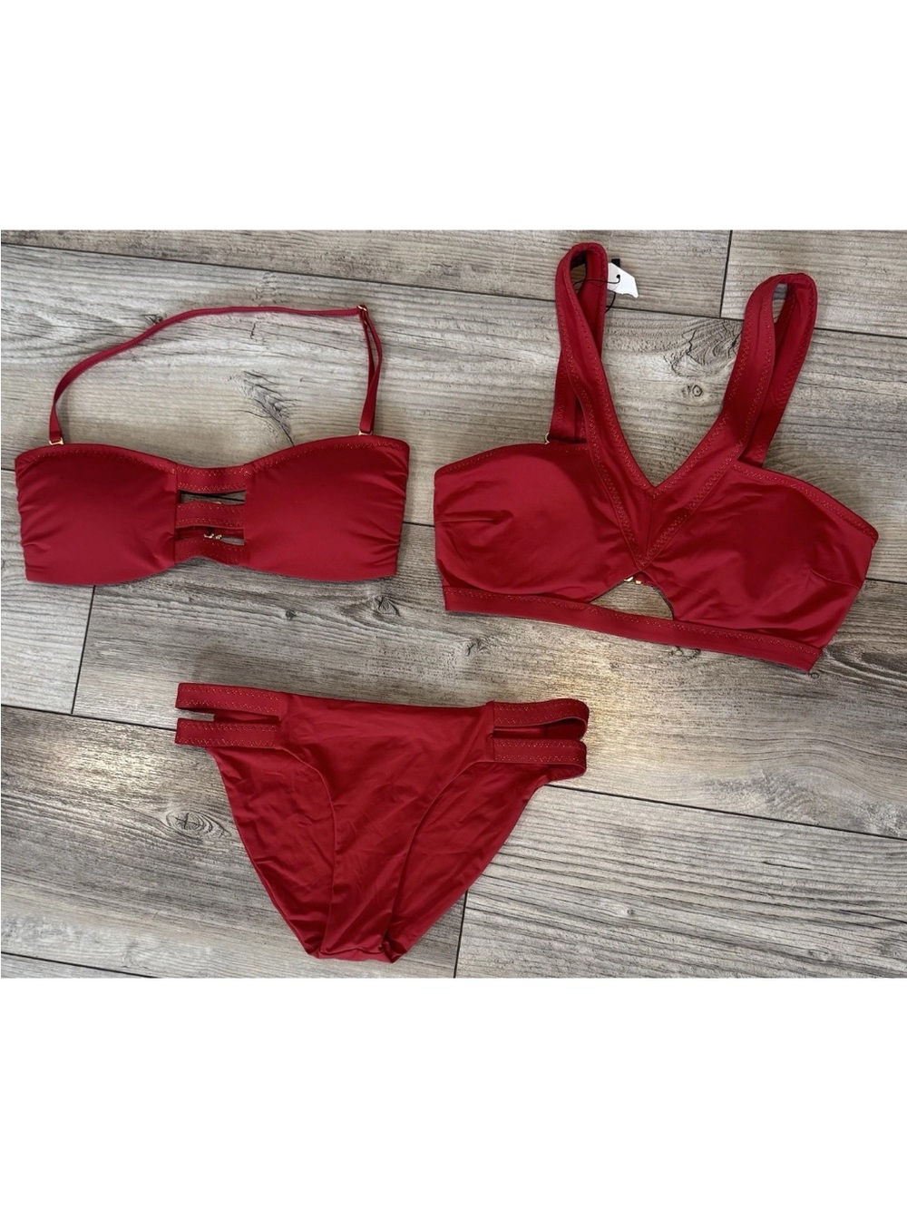 Red Carter 3 Piece Women’s Small Bikini Red Gold Trim Suspender Swimsuit NWOT